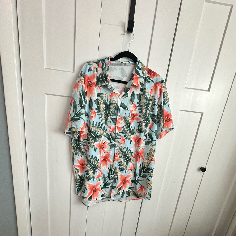 SHEIN Tropical Floral Men's Shirt - Green and Orange